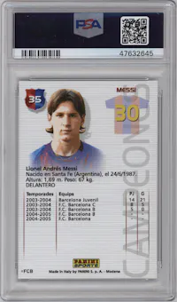 Lionel Messi from the 2004-05 Panini Megacracks Barca Campeon/Campio set graded by PSA and given an overall grade of 9.
