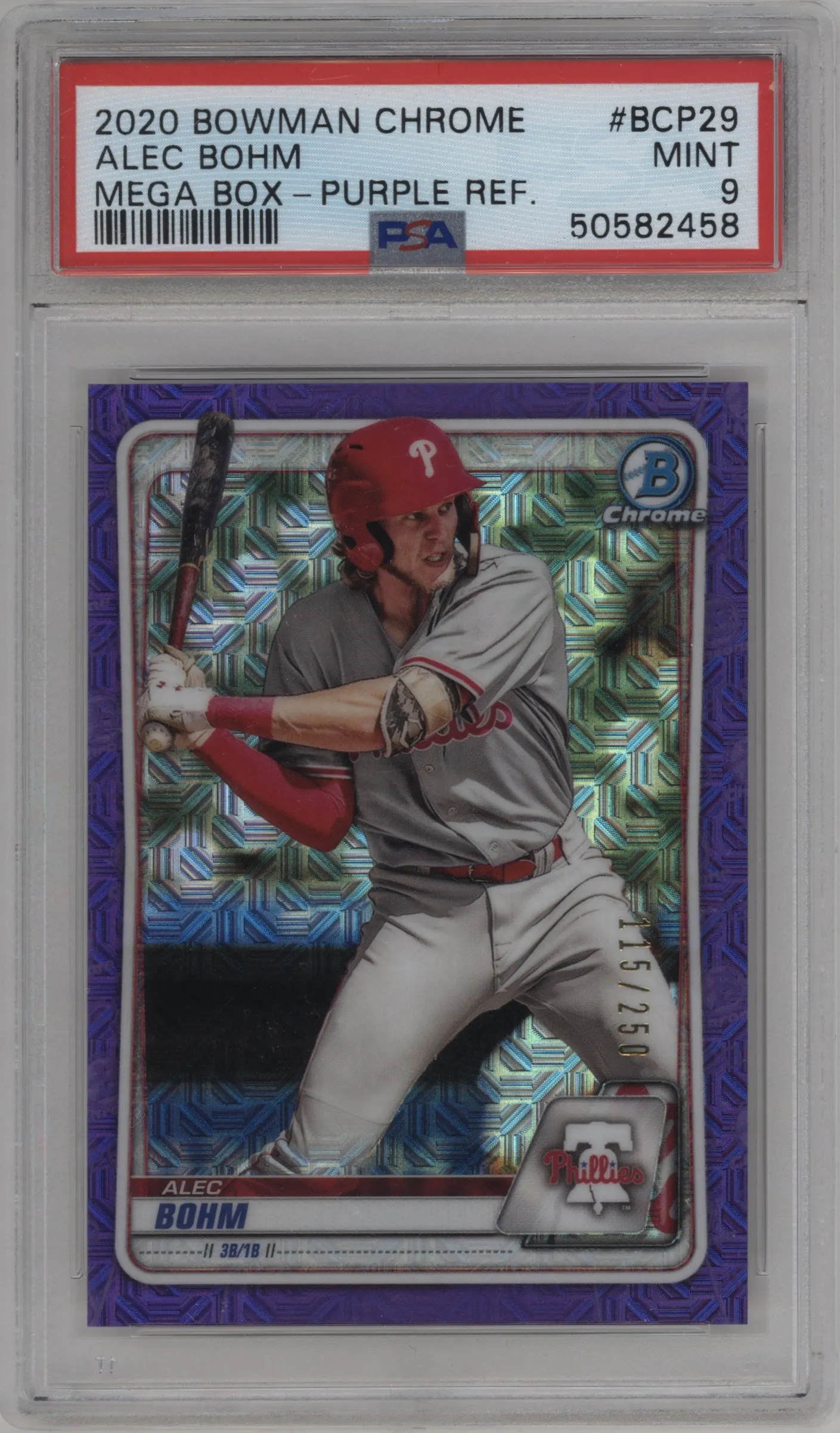 2020 Bowman Mega Box Chrome Chrome Prospect Alec Bohm Purple Refractor #BCP-29 PSA 9