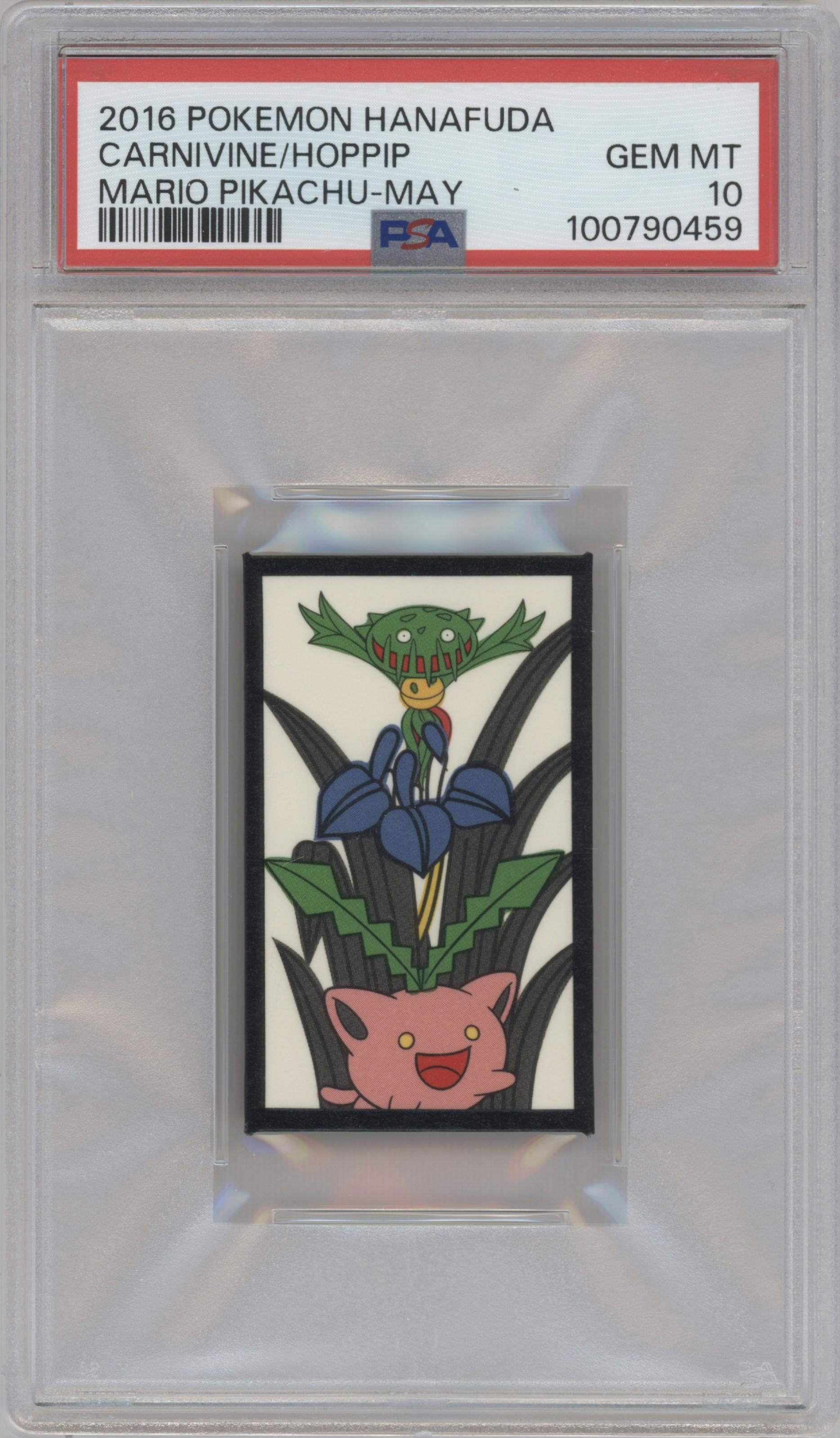 Carnivine/Hoppip from the 2016 Pokemon Hanafuda Mario Pikachu set graded by PSA and given an overall grade of 10.