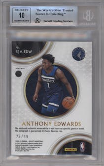 Anthony Edwards from the 2020-21 Panini Select  set featuring a Purple Prizm parallel graded by Beckett and given an overall grade of 9.