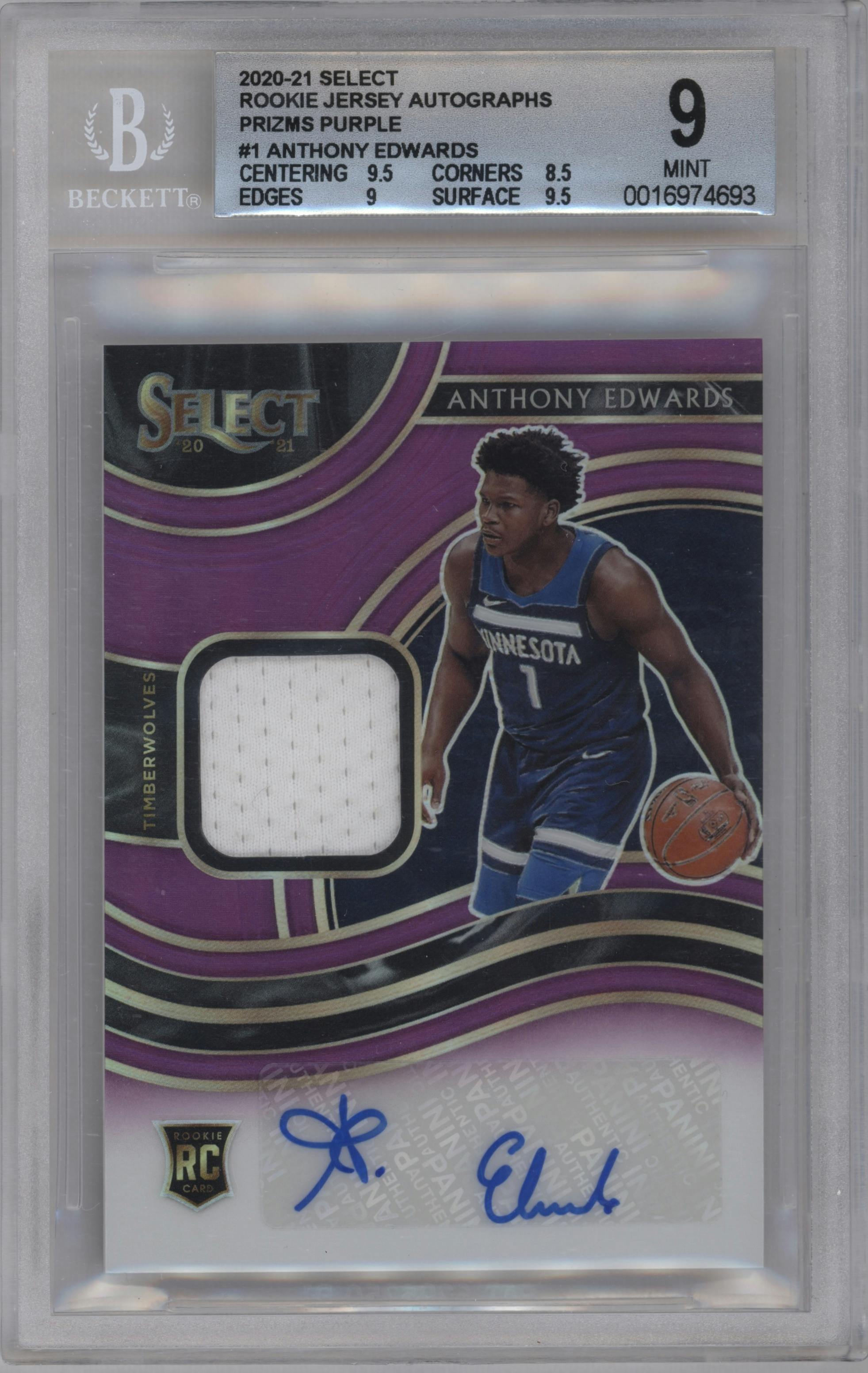 Anthony Edwards from the 2020-21 Panini Select  set featuring a Purple Prizm parallel graded by Beckett and given an overall grade of 9.