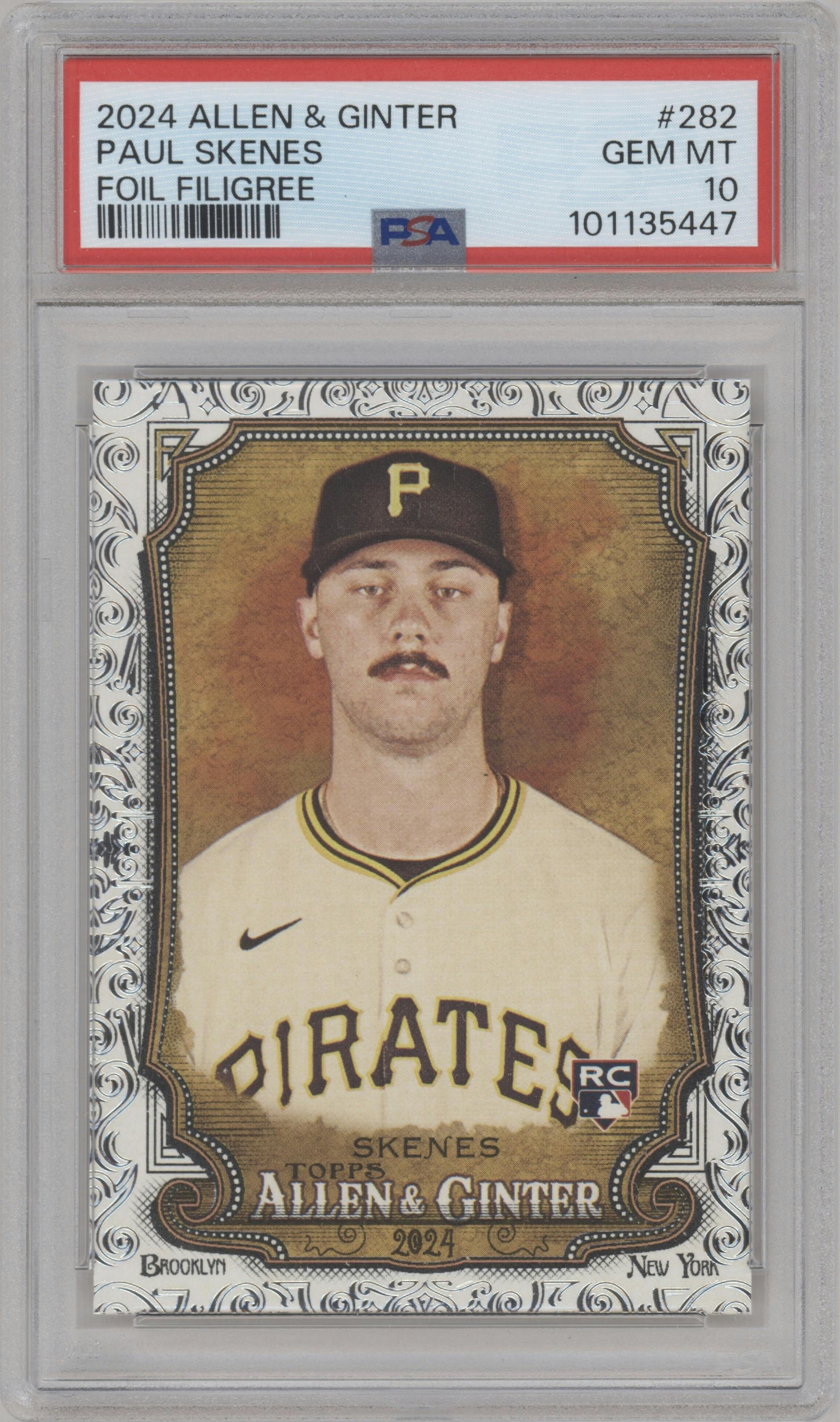 Paul Skenes from the 2024 Topps Allen & Ginter set featuring a Foil Filigree parallel graded by PSA and given an overall grade of 10.
