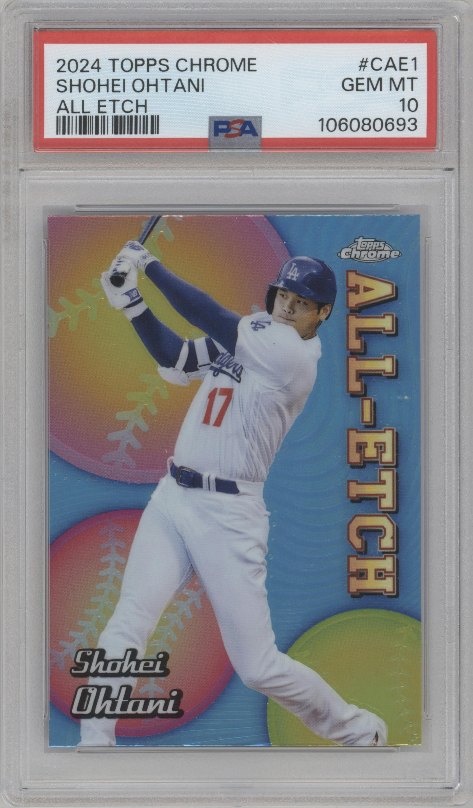 Shohei Ohtani from the 2024 Topps Chrome set graded by PSA and given an overall grade of 10.