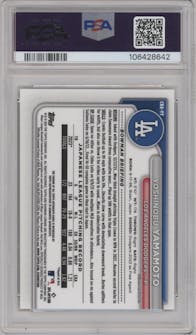 Yoshinobu Yamamoto from the 2024 Bowman set featuring a Gold Refractor   parallel graded by PSA and given an overall grade of 10.