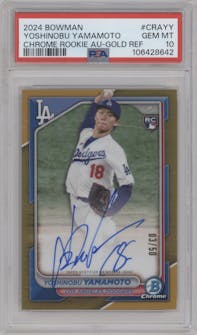 Yoshinobu Yamamoto from the 2024 Bowman set featuring a Gold Refractor   parallel graded by PSA and given an overall grade of 10.