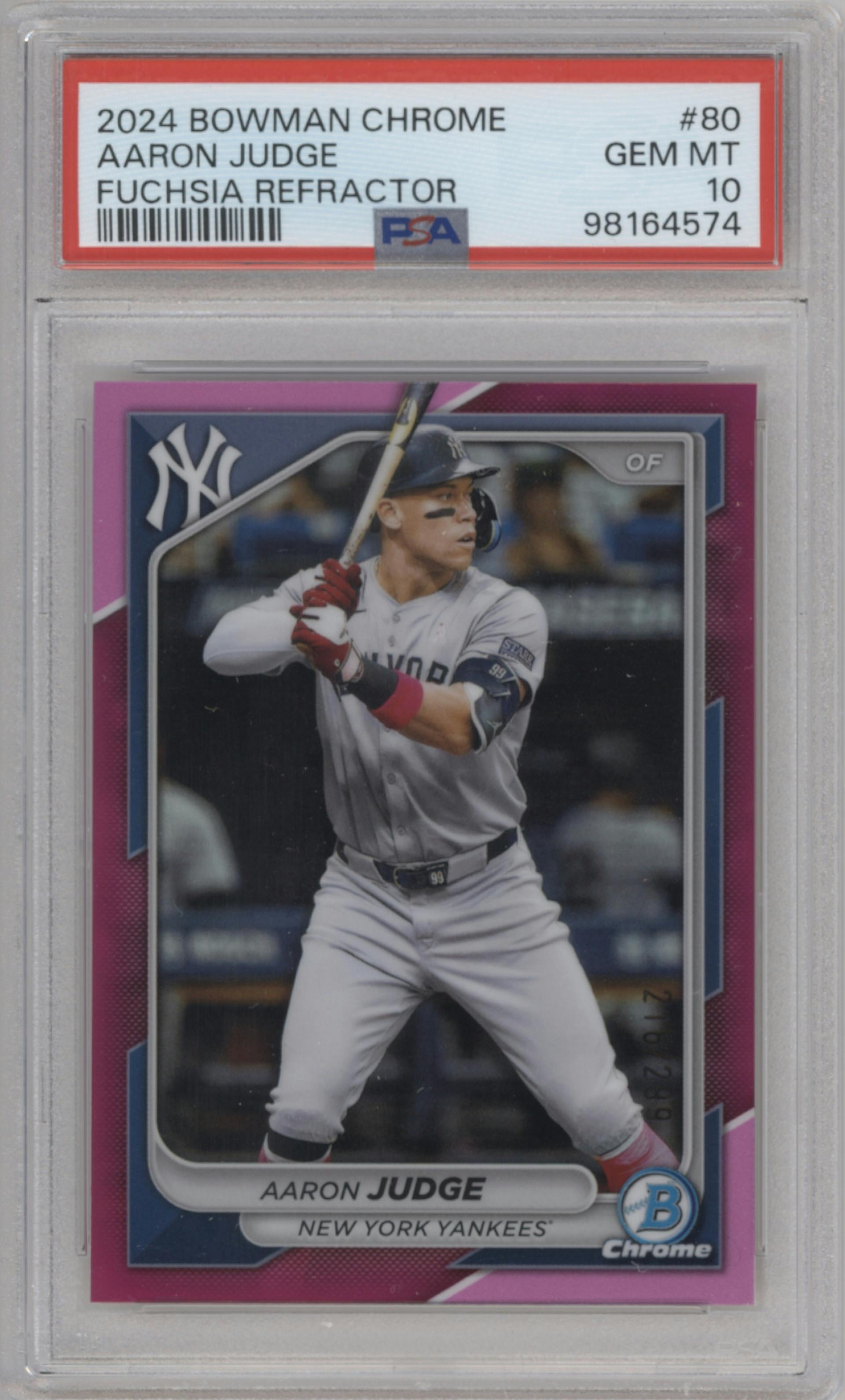 Aaron Judge from the 2024 Bowman Chrome set featuring a Fuchsia Refractor parallel graded by PSA and given an overall grade of 10.