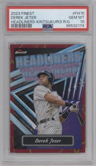 Derek Jeter from the 2023 Topps Finest set featuring a Kintsukuroi Red/Gold parallel graded by PSA and given an overall grade of 10.