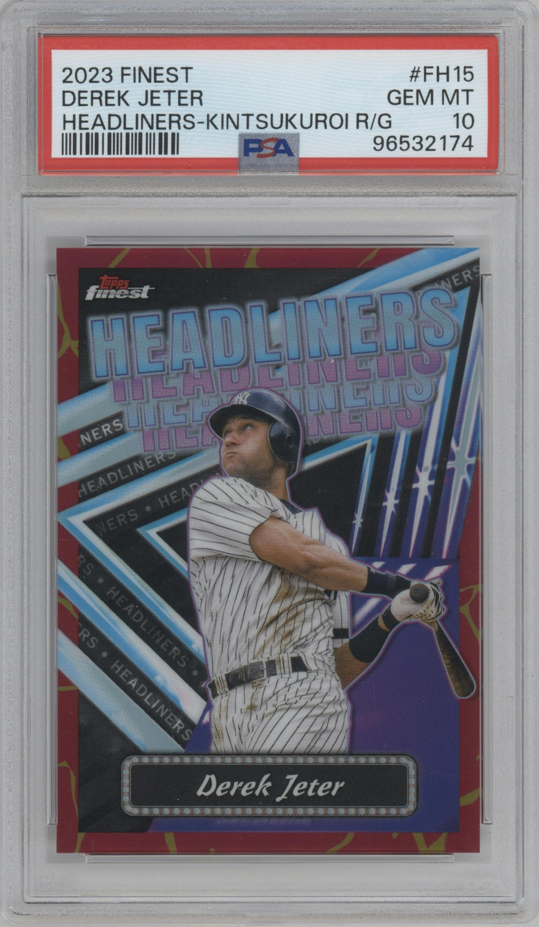 Derek Jeter from the 2023 Topps Finest set featuring a Kintsukuroi Red/Gold parallel graded by PSA and given an overall grade of 10.