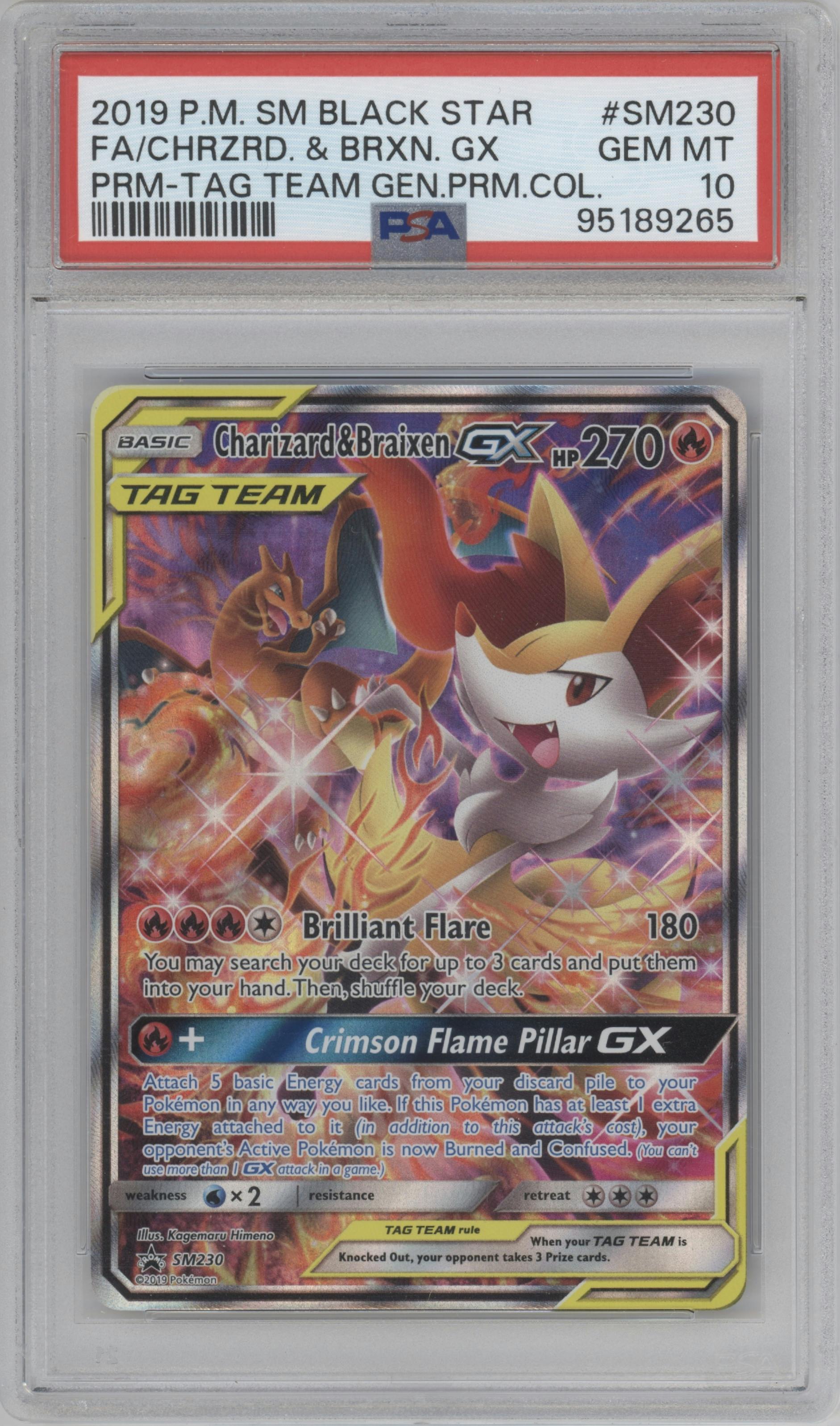 Charizard/Braixen GX from the 2019 Pokemon S&M  set featuring a Tag Team Generations Premium Collection parallel graded by PSA and given an overall grade of 10.