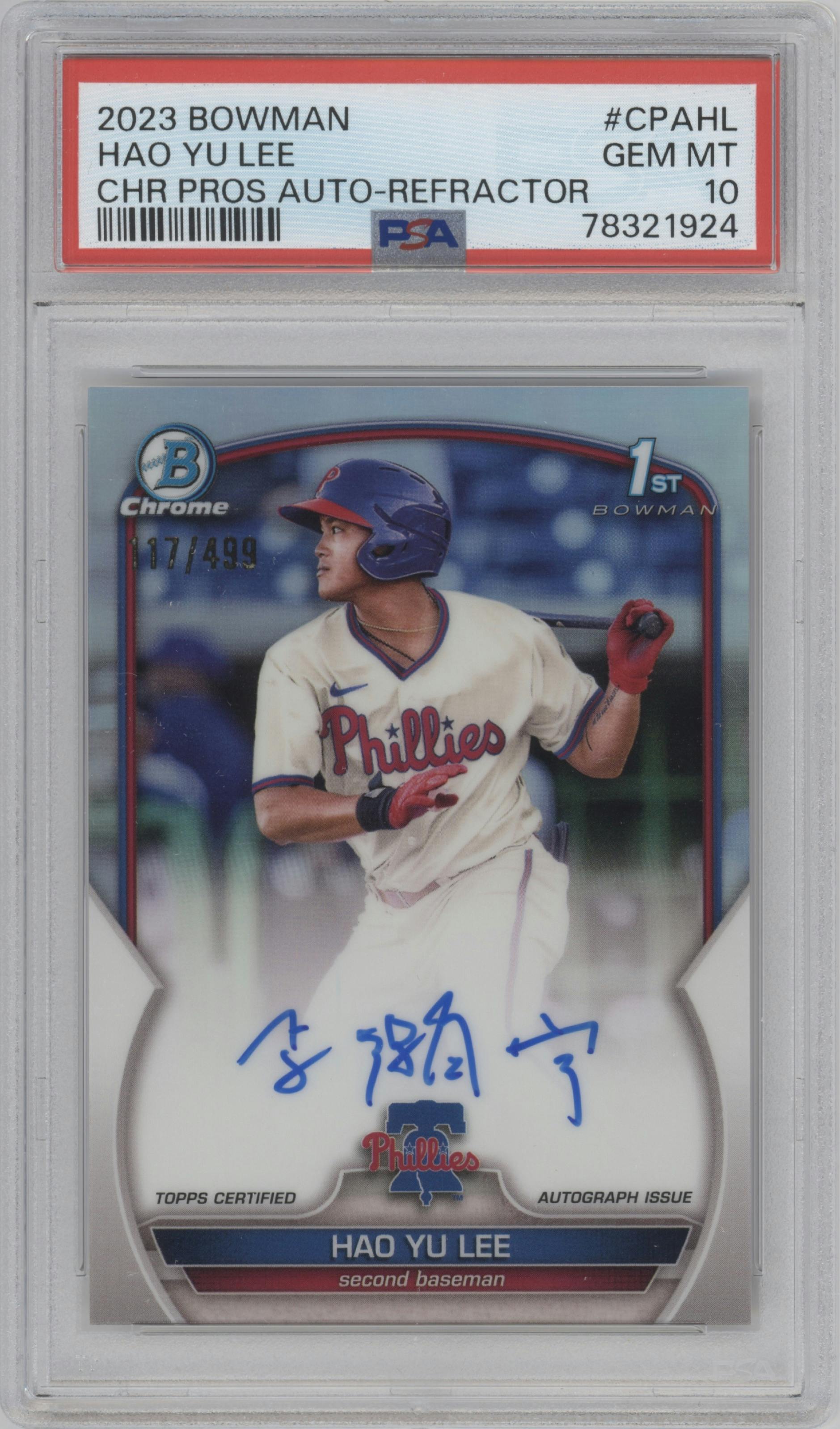 Hao Yu Lee from the 2023 Bowman  set featuring a Refractor parallel graded by PSA and given an overall grade of 10.