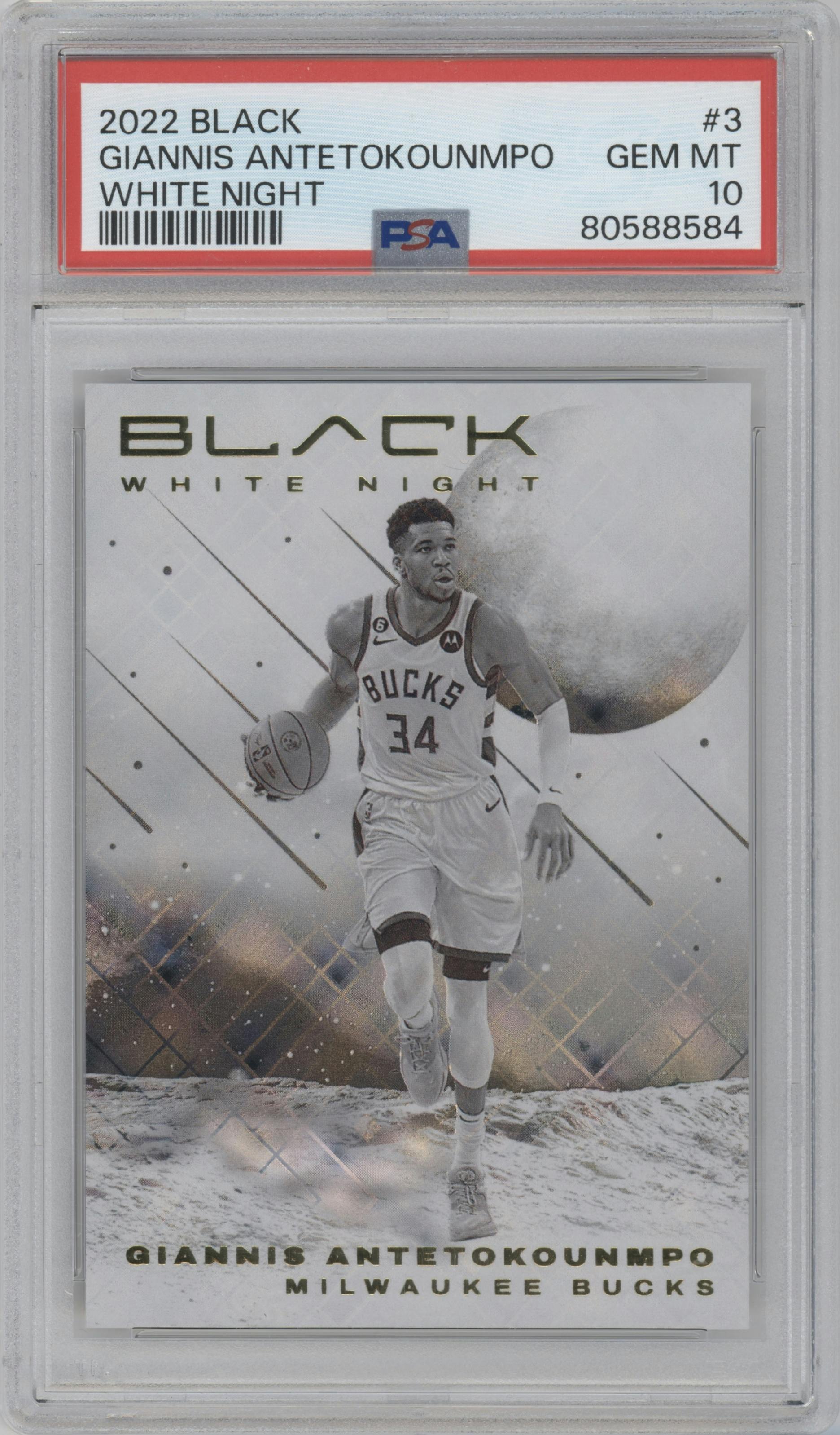 Giannis Antetokounmpo from the 2022-23 Panini Black set graded by PSA and given an overall grade of 10.