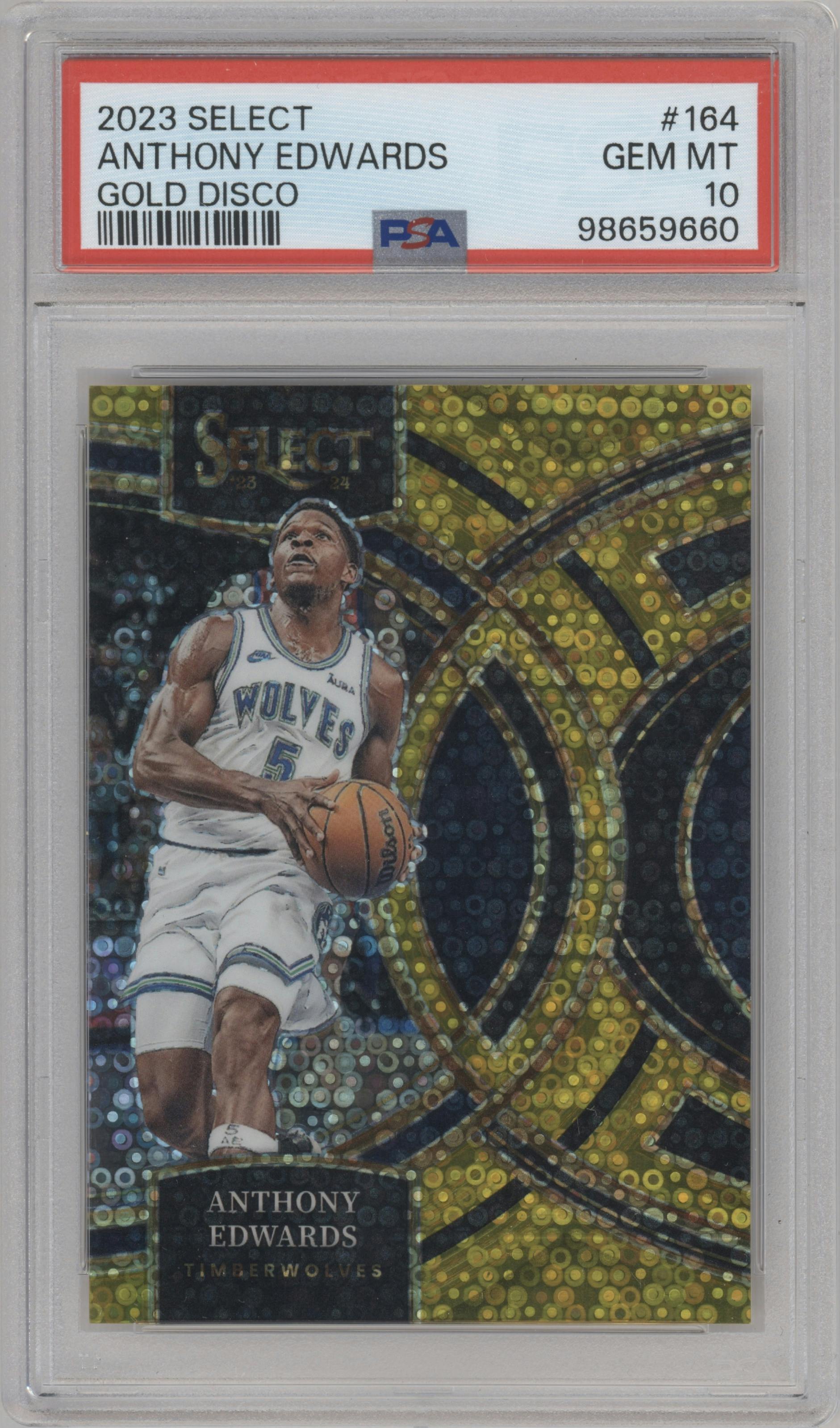 Anthony Edwards from the 2023-24 Panini Select  set featuring a Gold Disco parallel graded by PSA and given an overall grade of 10.