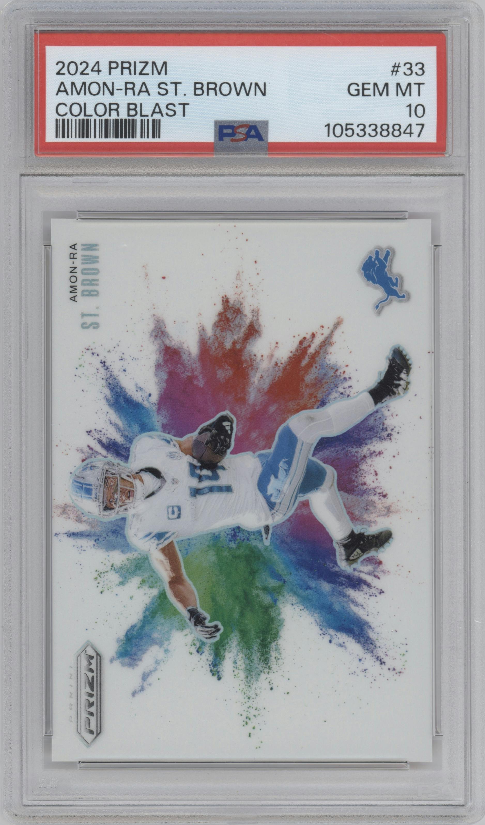 Amon-Ra St.Brown from the 2024 Panini Prizm set graded by PSA and given an overall grade of 10.