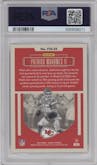 Patrick Mahomes II from the 2023 Panini Legacy set featuring a Blue parallel graded by PSA and given an overall grade of 10.