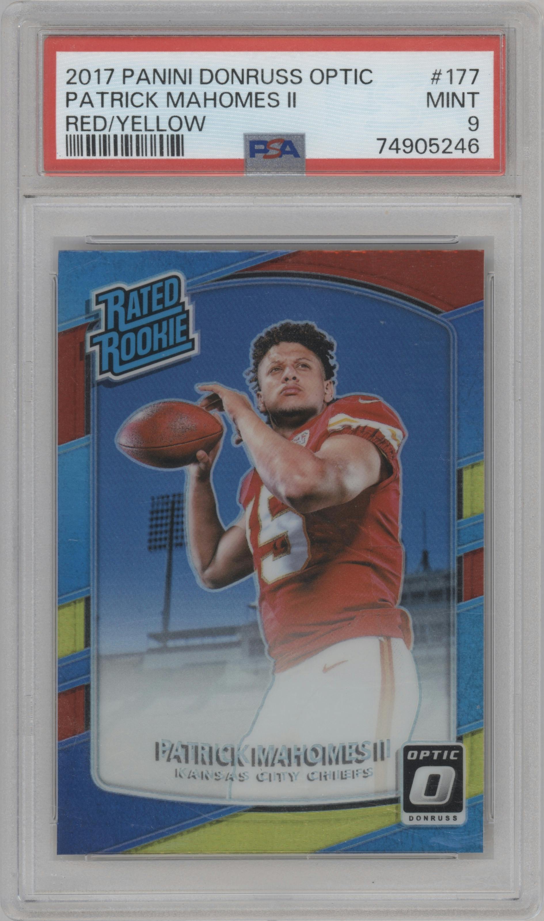 Patrick Mahomes II from the 2017 Panini Donruss Optic set featuring a Red/Yellow parallel graded by PSA and given an overall grade of 9.