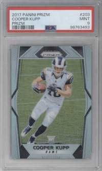 Cooper Kupp from the 2017 Panini Prizm set featuring a Prizm parallel graded by PSA and given an overall grade of 9.