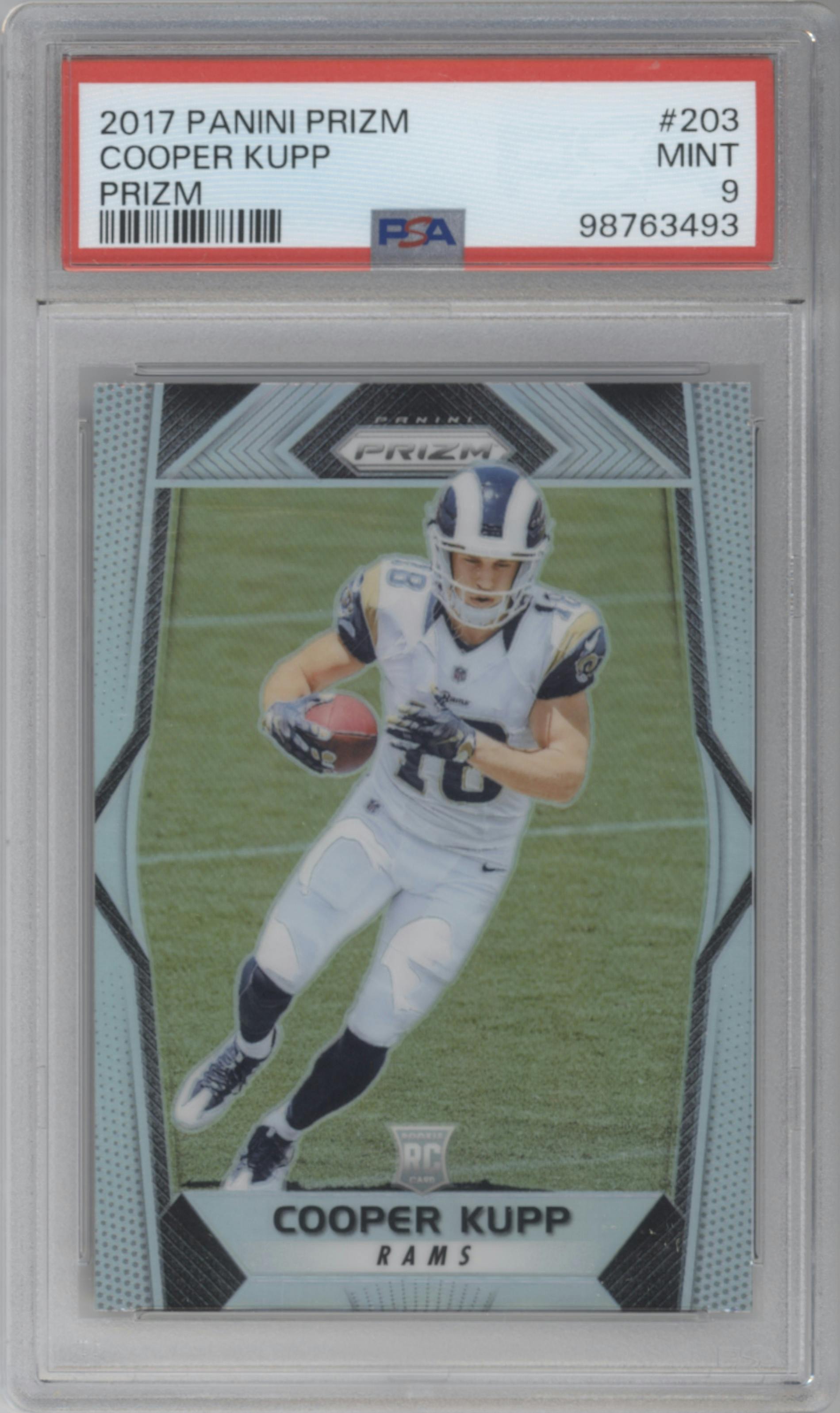 Cooper Kupp from the 2017 Panini Prizm set featuring a Prizm parallel graded by PSA and given an overall grade of 9.