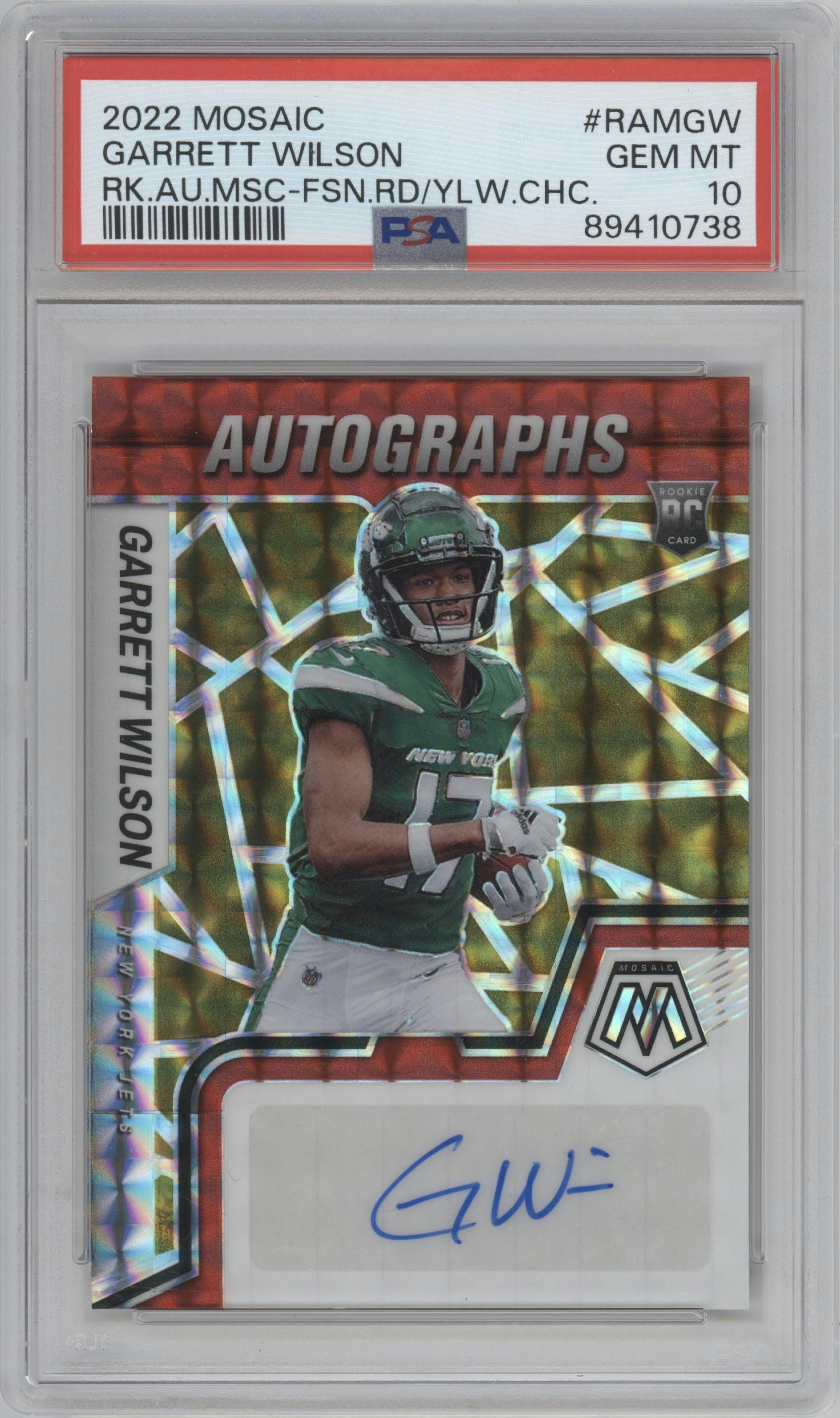 Garrett Wilson from the 2022 Panini Mosaic set featuring a Choice Fusion Red and Yellow parallel graded by PSA and given an overall grade of 10.