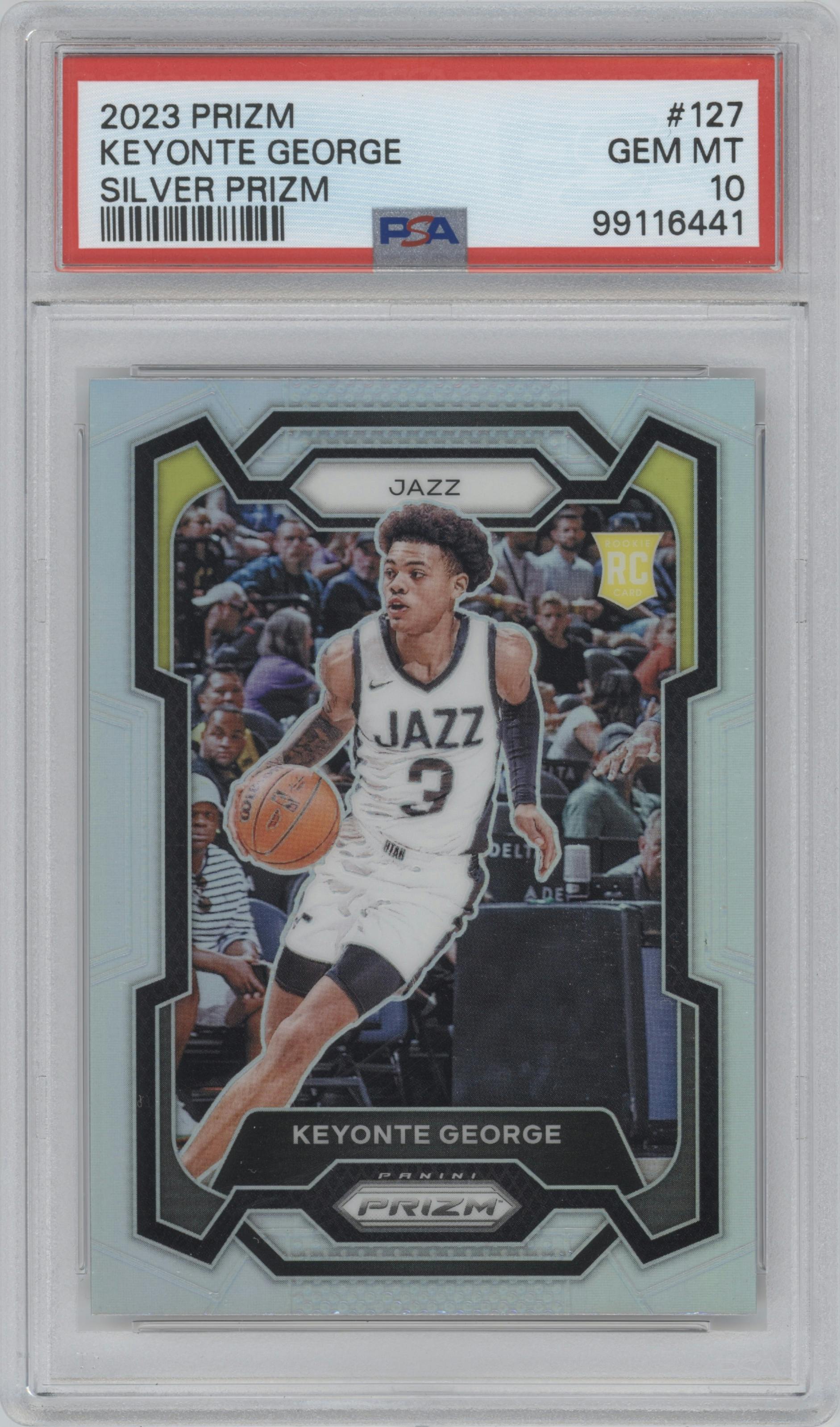 Keyonte George from the 2023-24 Panini Prizm set featuring a Silver Prizm  parallel graded by PSA and given an overall grade of 10.