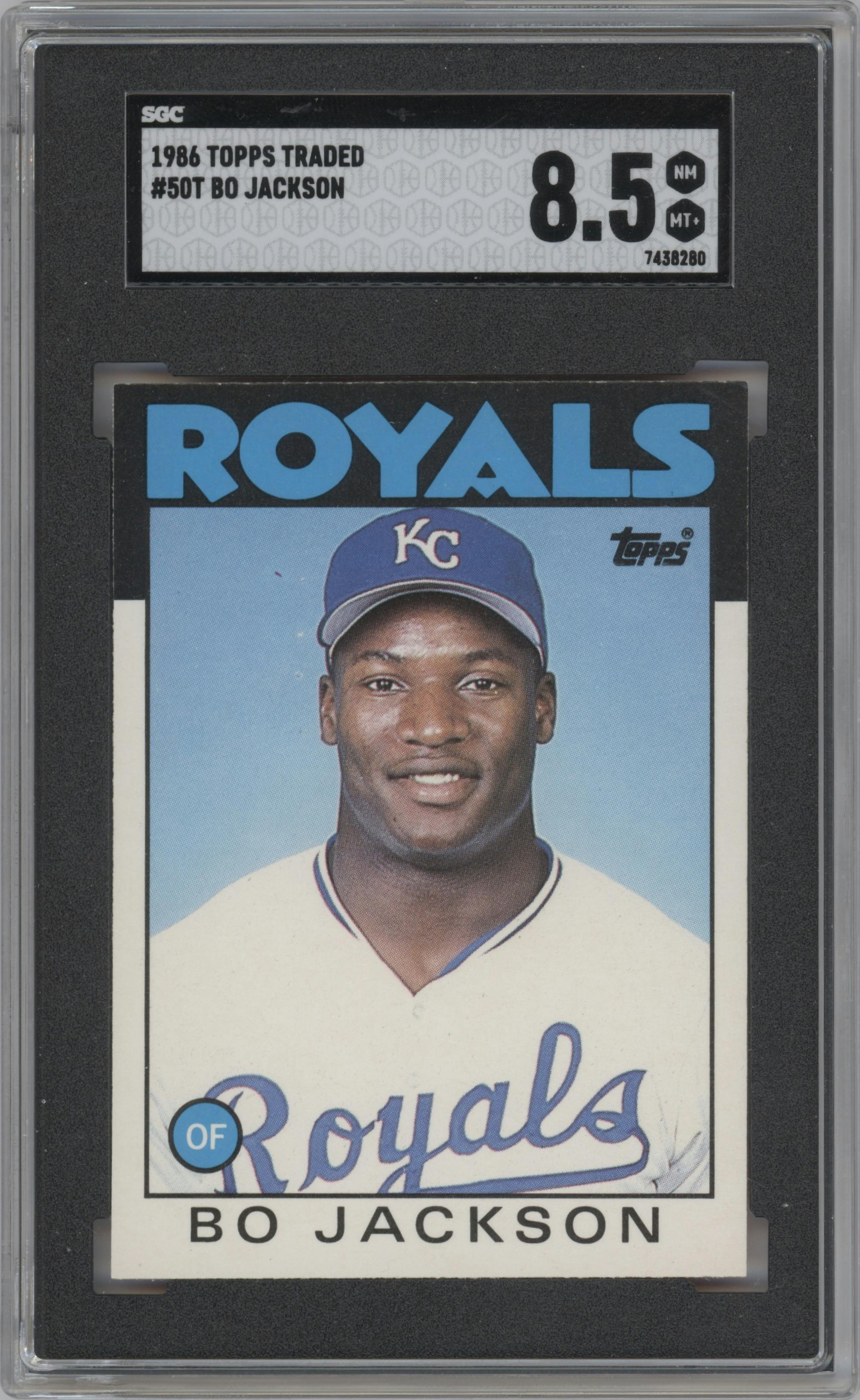 Bo Jackson from the 1986 Topps Traded set graded by SGC and given an overall grade of 8.5.