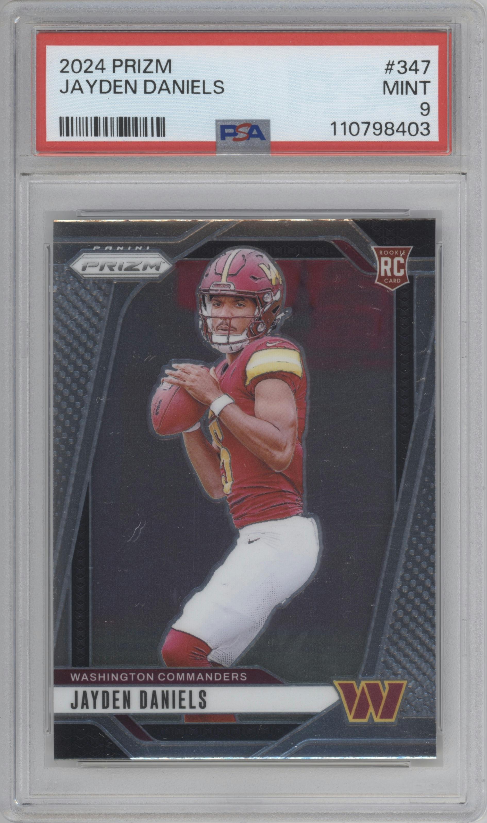Jayden Daniels from the 2024 Panini Prizm set graded by PSA and given an overall grade of 9.