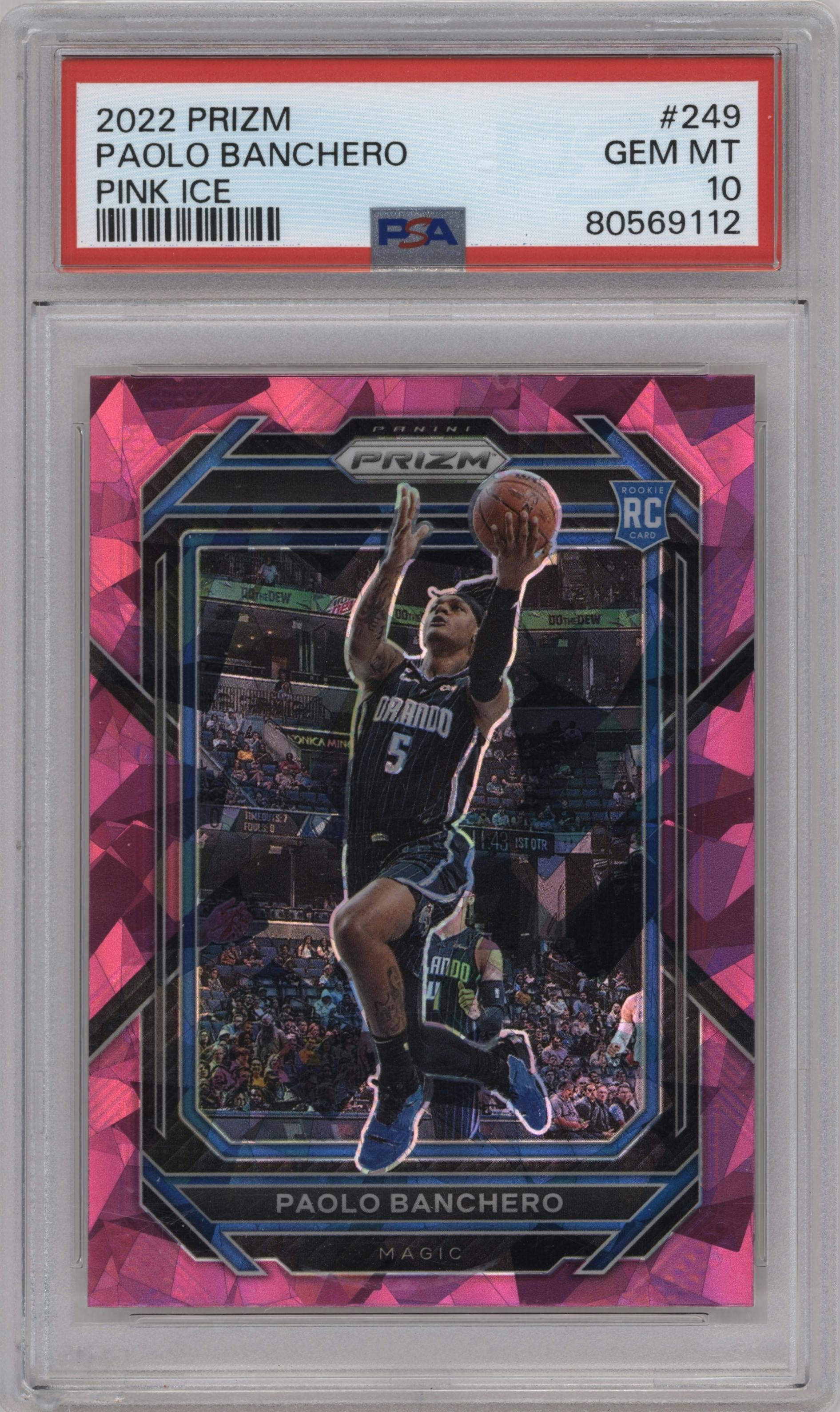 Paolo Banchero from the 2022-23 Panini Prizm  set featuring a Pink Ice parallel graded by PSA and given an overall grade of 10.