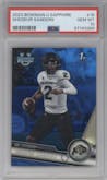 Shedeur Sanders from the 2023 Bowman Chrome University Sapphire Edition set graded by PSA and given an overall grade of 10.