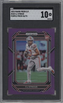 CJ Stroud from the 2023 Panini Prizm Draft Picks set featuring a Purple Prizm parallel graded by SGC and given an overall grade of 10.