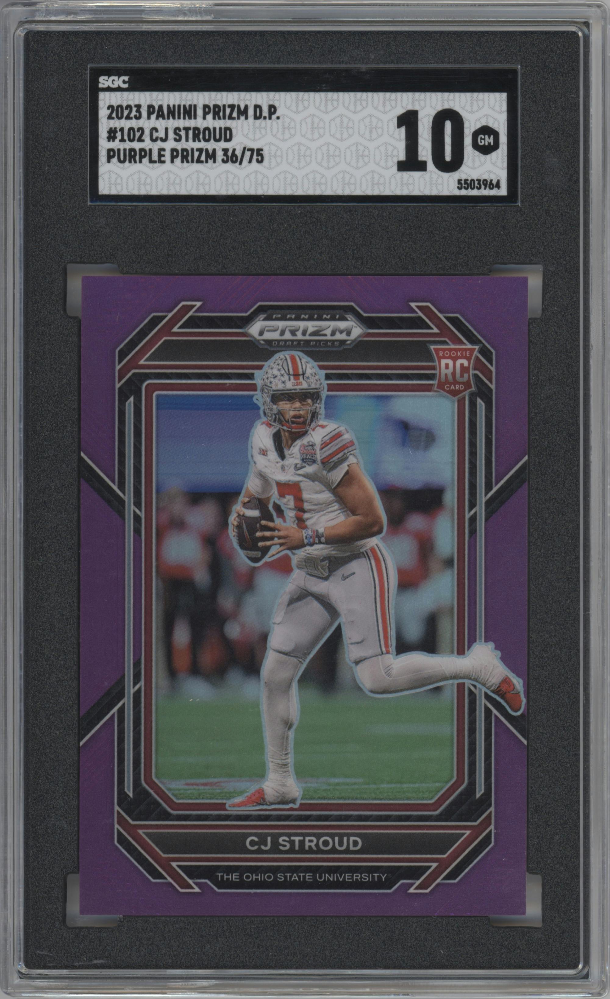 CJ Stroud from the 2023 Panini Prizm Draft Picks set featuring a Purple Prizm parallel graded by SGC and given an overall grade of 10.