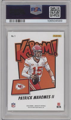 Patrick Mahomes II from the 2024 Panini Absolute set graded by PSA and given an overall grade of 10.