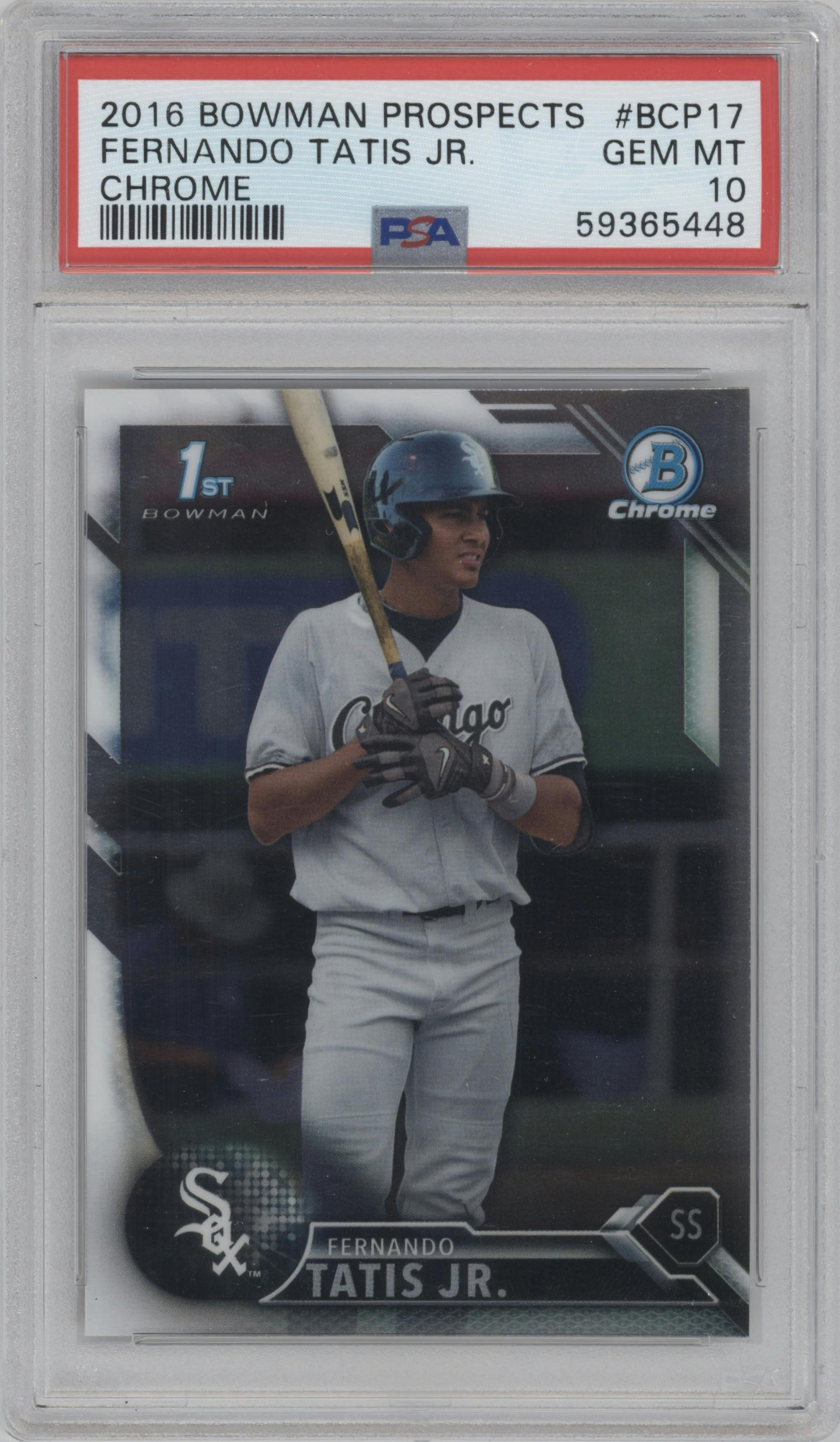 Fernando Tatis Jr. from the 2016 Bowman set graded by PSA and given an overall grade of 10.