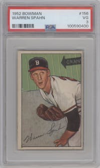 Warren Spahn from the 1952 Bowman set graded by PSA and given an overall grade of 3.