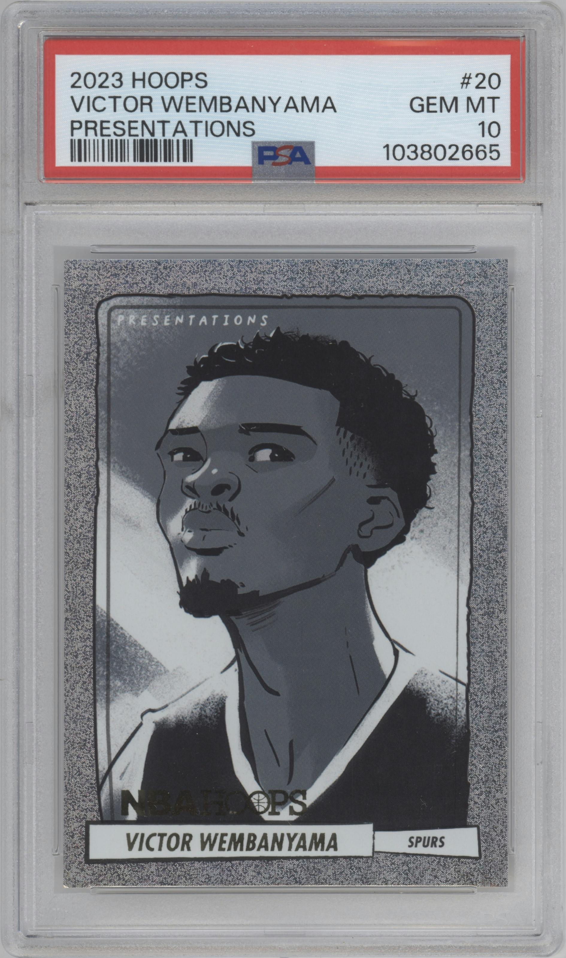 Victor Wembanyama from the 2023-24 Panini NBA Hoops set graded by PSA and given an overall grade of 10.