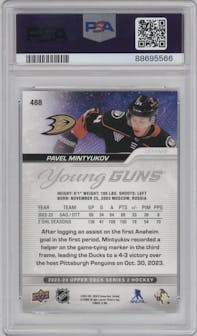 Pavel Mintyukov from the 2023-24 Upper Deck Series 2 set graded by PSA and given an overall grade of 10.