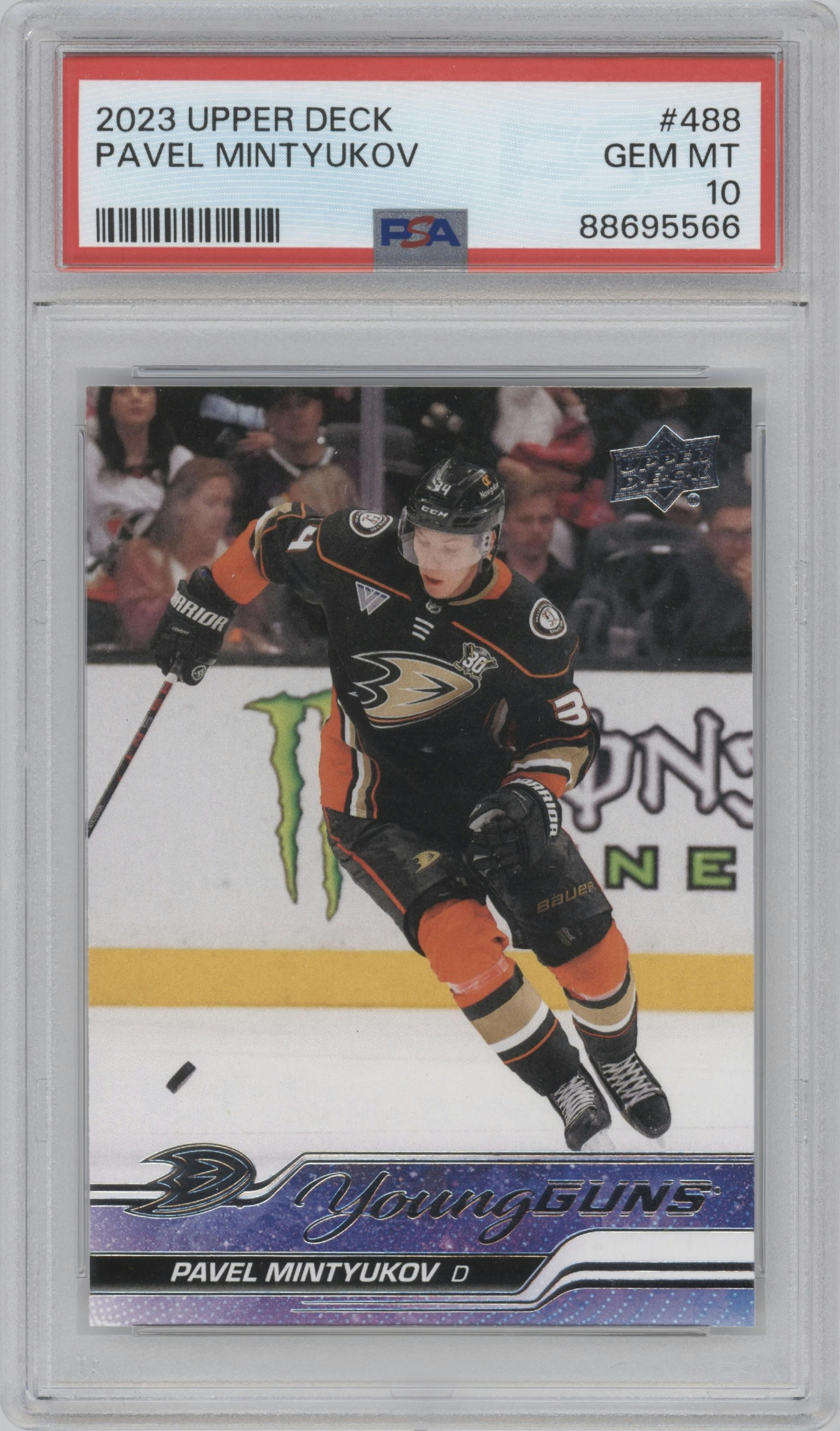 Pavel Mintyukov from the 2023-24 Upper Deck Series 2 set graded by PSA and given an overall grade of 10.