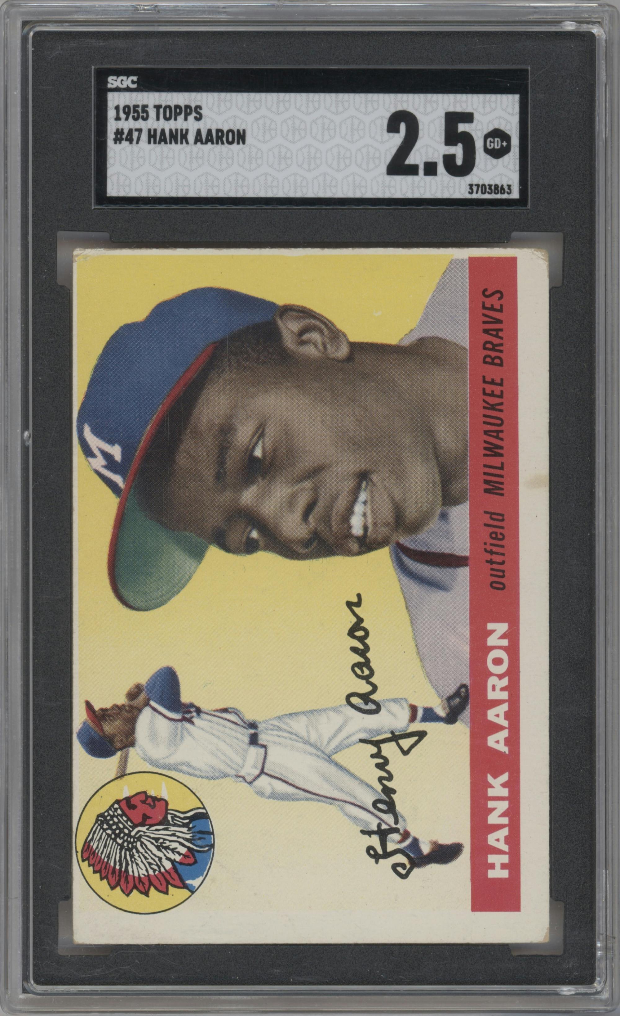 Hank Aaron from the 1955 Topps set graded by SGC and given an overall grade of 2.5.