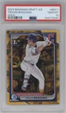 Travis Bazzana from the 2024 Bowman Draft Sapphire Edition set featuring a Gold parallel graded by PSA and given an overall grade of 10.