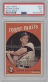 Roger Maris from the 1959 Topps set featuring a Gray Back parallel graded by PSA and given an overall grade of 3.5.