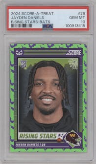 Jayden Daniels from the 2024 Score-a-Treat set featuring a Bats parallel graded by PSA and given an overall grade of 10.