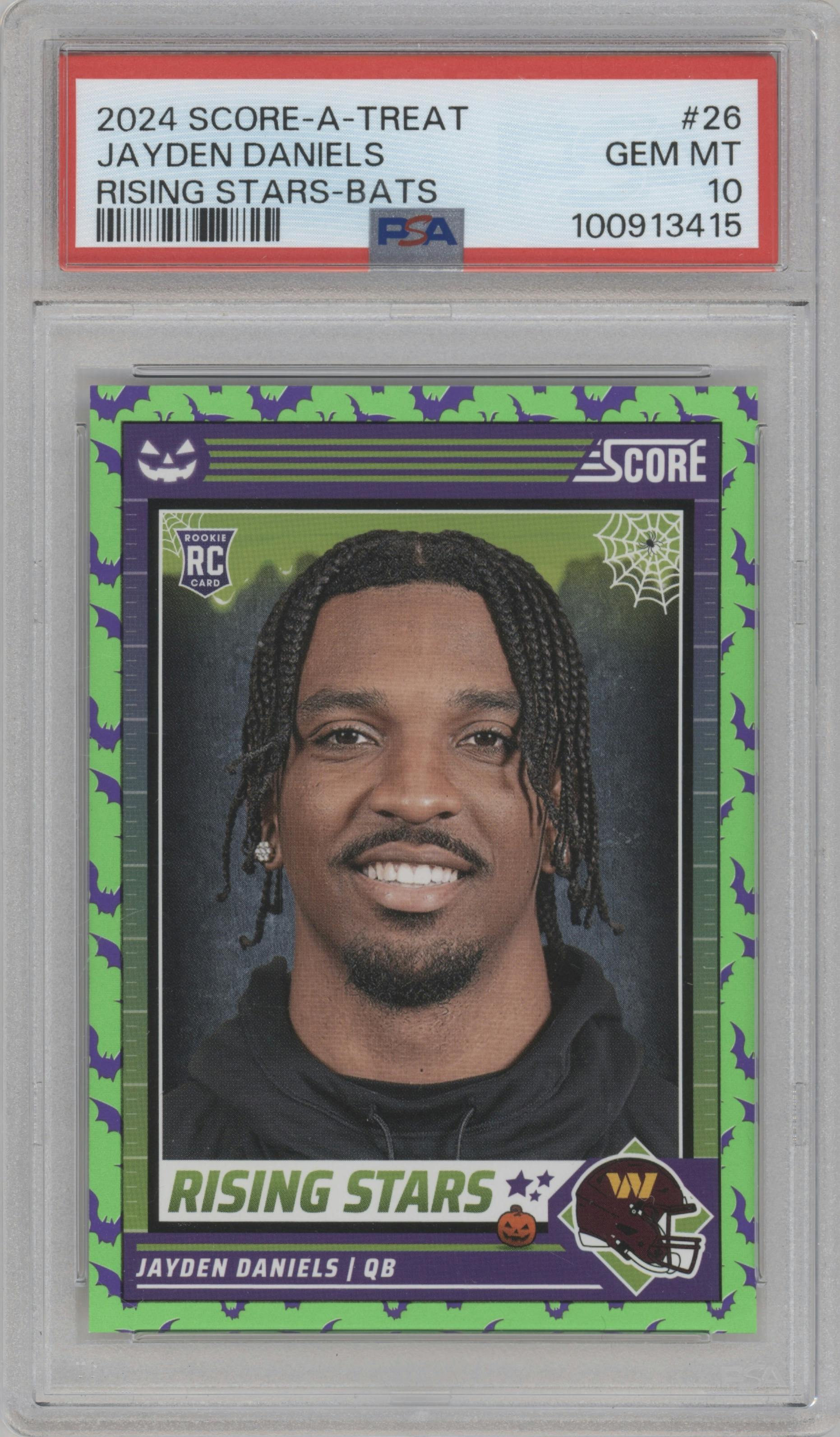 Jayden Daniels from the 2024 Score-a-Treat set featuring a Bats parallel graded by PSA and given an overall grade of 10.