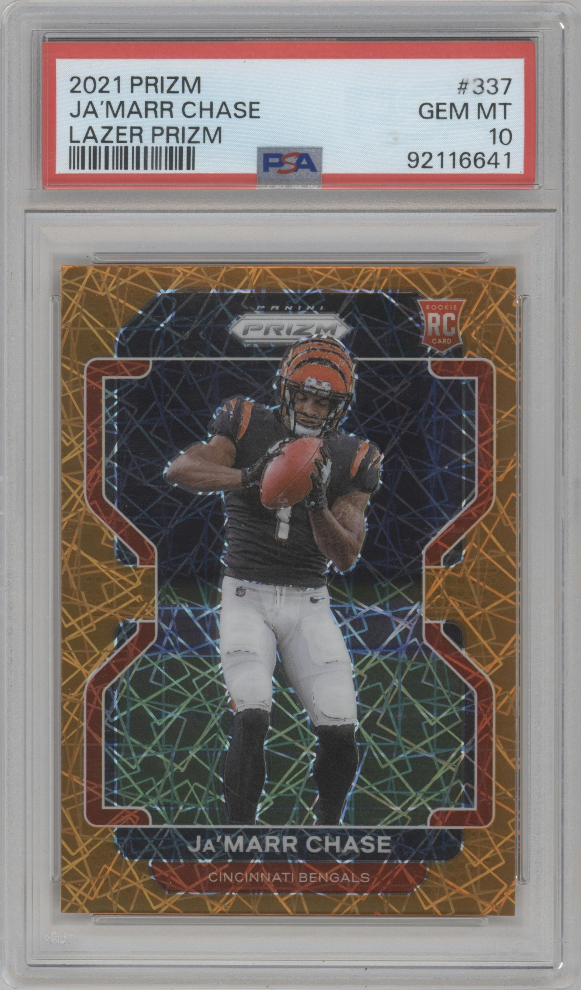 Ja'Marr Chase from the 2021 Panini Prizm set featuring a Lazer parallel graded by PSA and given an overall grade of 10.