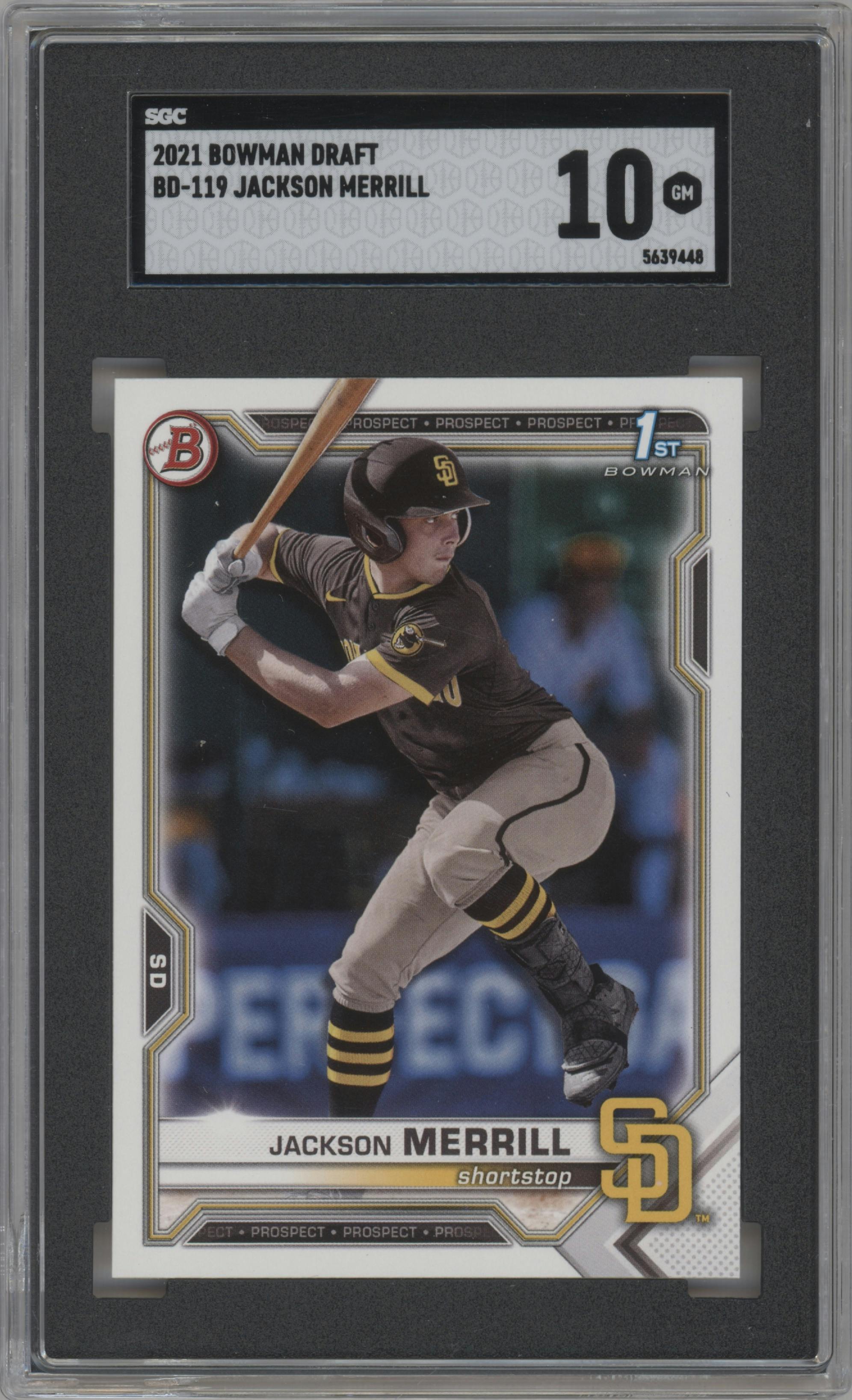 Jackson Merrill from the 2021 Bowman Draft set graded by SGC and given an overall grade of 10.