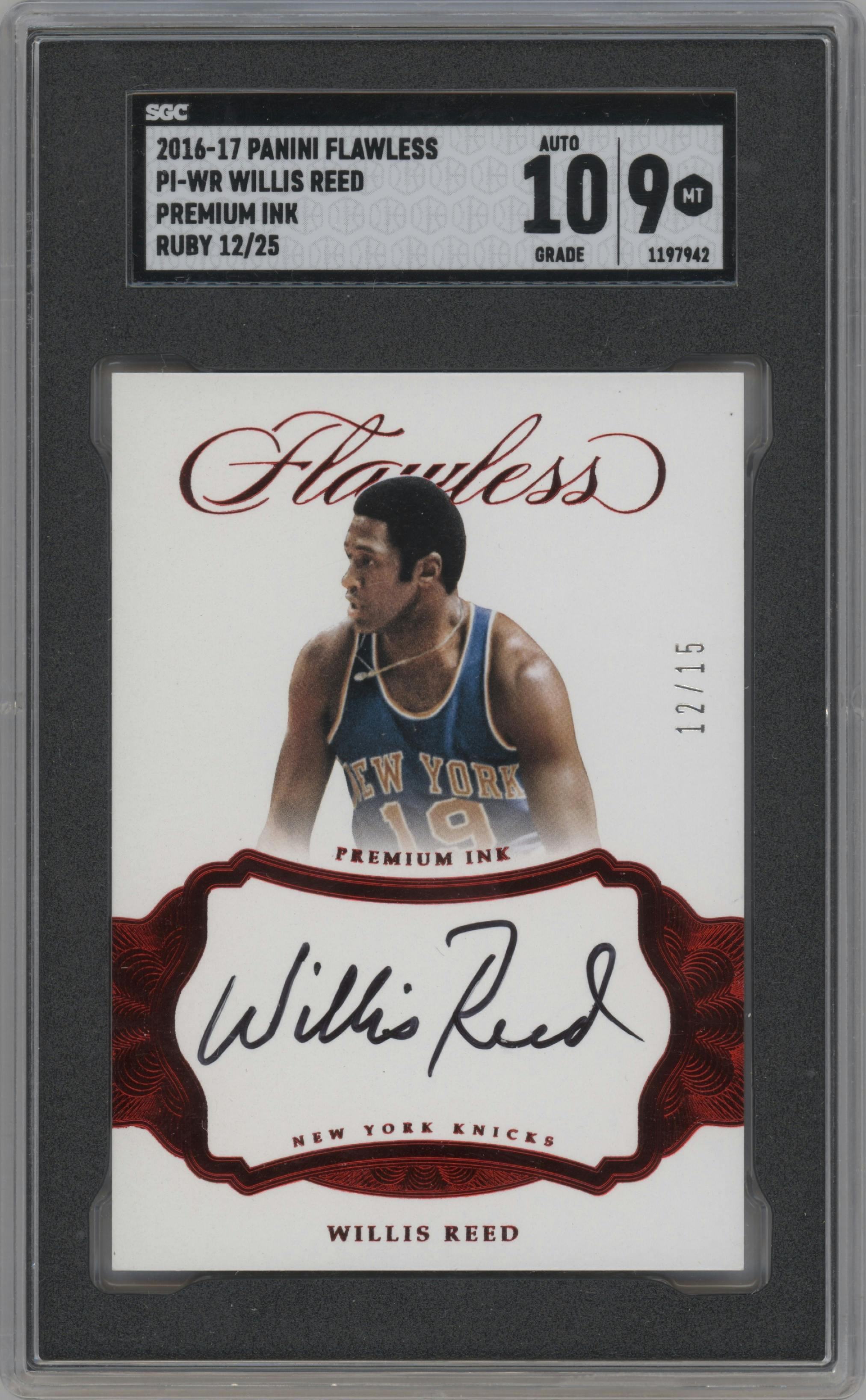 Willis Reed from the 2016-17 Panini Flawless  set featuring a Ruby parallel graded by SGC and given an overall grade of 9.