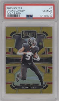 Drake London from the 2023 Panini Select set featuring a Gold Prizm parallel graded by PSA and given an overall grade of 10.