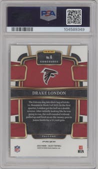 Drake London from the 2023 Panini Select set featuring a Gold Prizm parallel graded by PSA and given an overall grade of 10.