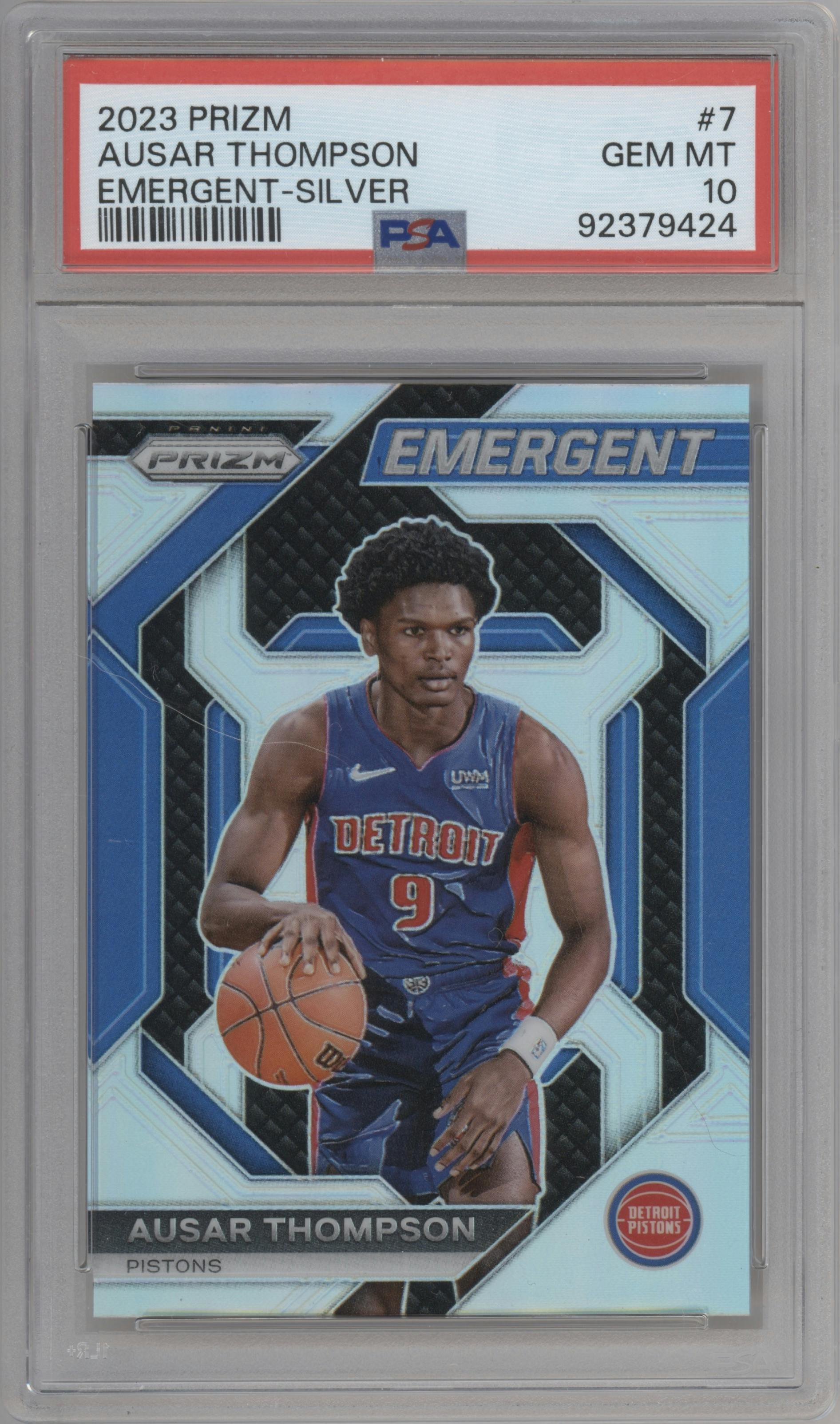 Ausar Thompson from the 2023-24 Panini Prizm set featuring a Silver Prizm parallel graded by PSA and given an overall grade of 10.