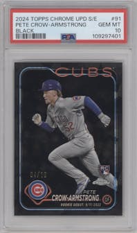 Pete Crow-Armstrong from the 2024 Topps Chrome Update Sapphire Edition set featuring a Black Sapphire Refractor parallel graded by PSA and given an overall grade of 10.