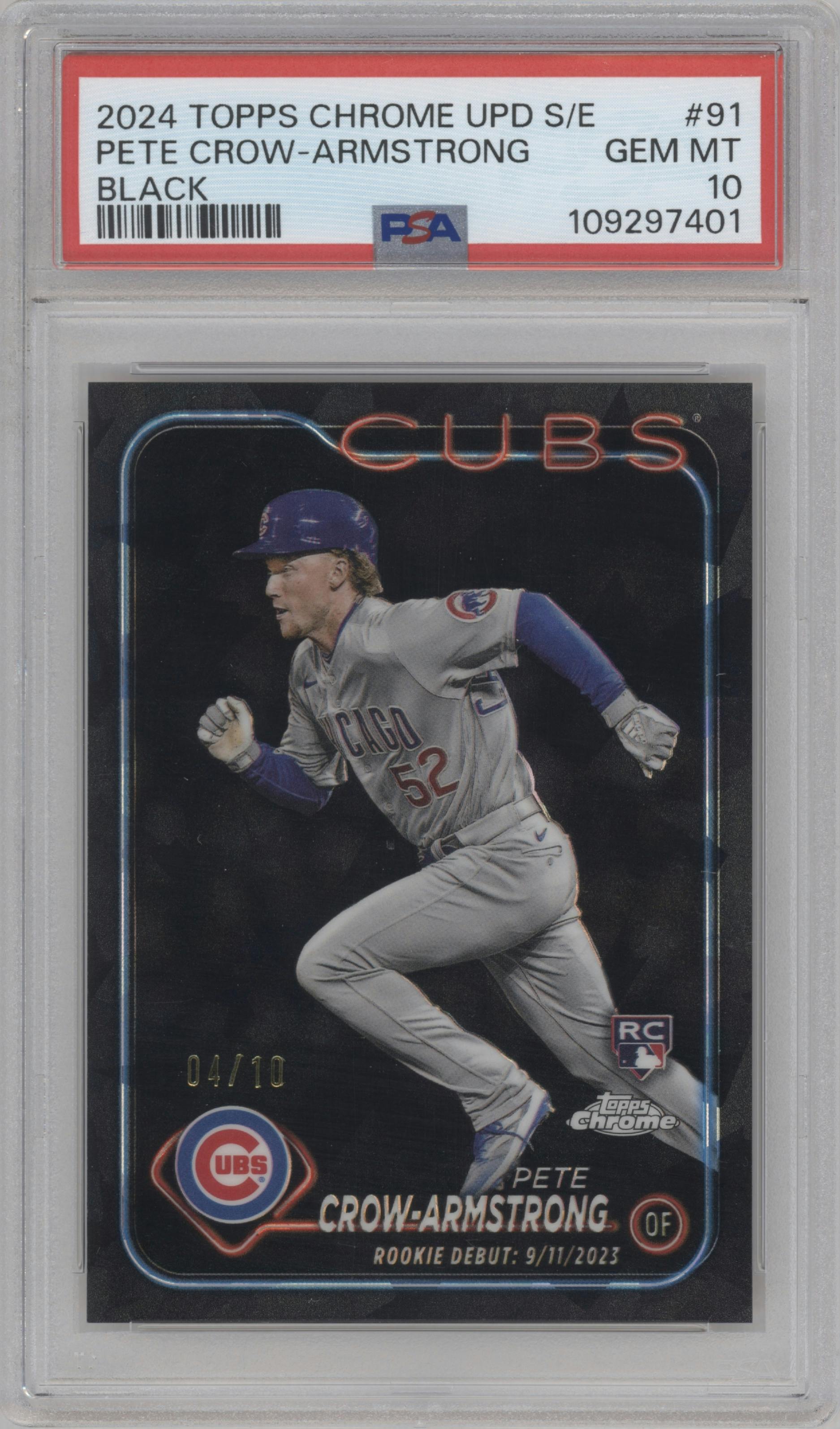 Pete Crow-Armstrong from the 2024 Topps Chrome Update Sapphire Edition set featuring a Black Sapphire Refractor parallel graded by PSA and given an overall grade of 10.