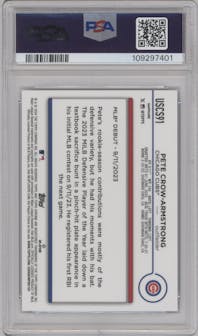 Pete Crow-Armstrong from the 2024 Topps Chrome Update Sapphire Edition set featuring a Black Sapphire Refractor parallel graded by PSA and given an overall grade of 10.