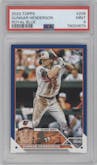 Gunnar Henderson from the 2023 Topps Series 1 set featuring a Royal Blue parallel graded by PSA and given an overall grade of 9.